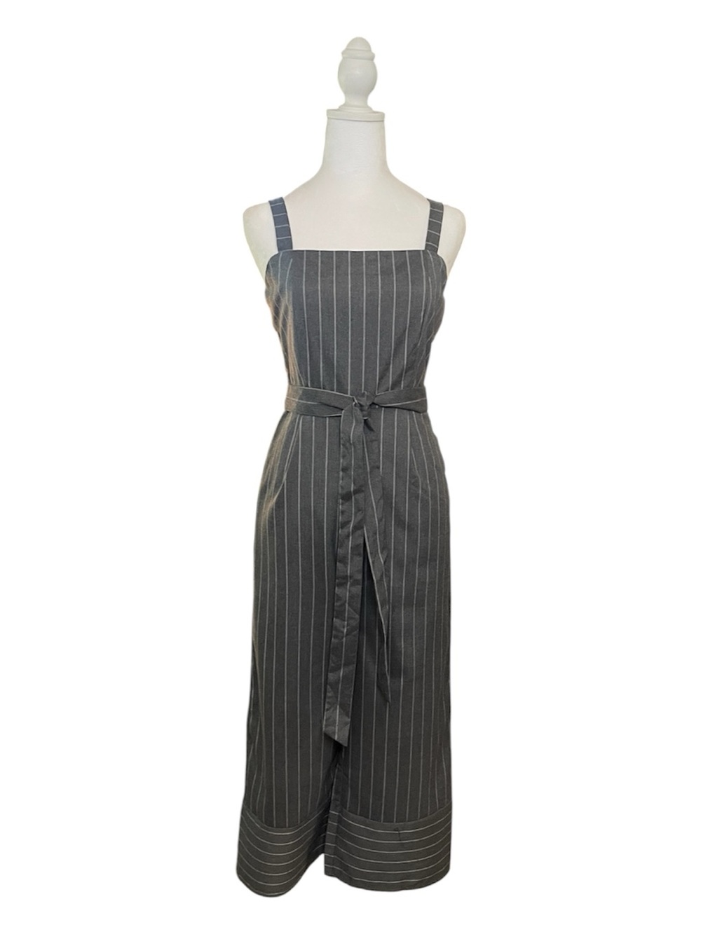 essue Charcoal Pinstripe Wide Leg Midi Jumpsuit with Waist Tie Women’s Sz Small